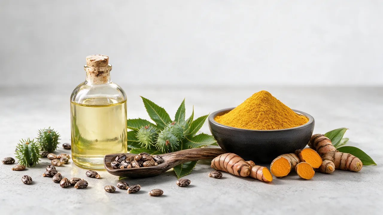 Castor oil in a glass bottle with castor seeds and leaves, beside a bowl of turmeric powder and fresh turmeric roots