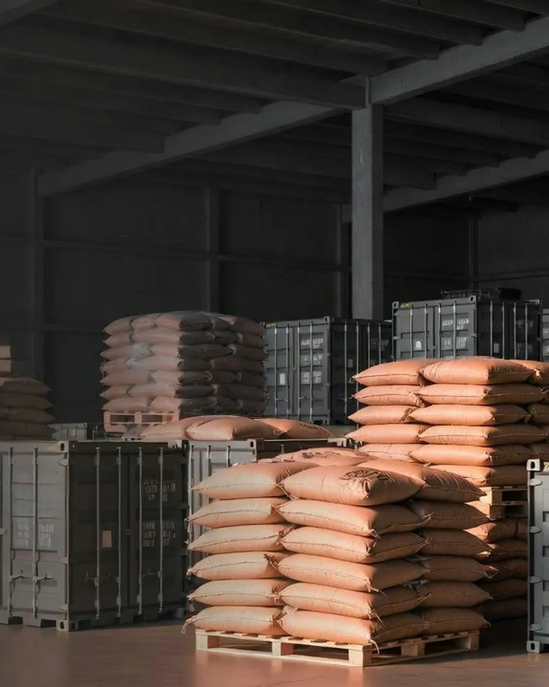 Filled bulk sacks stacked on pallets beside shipping containers, ready for export