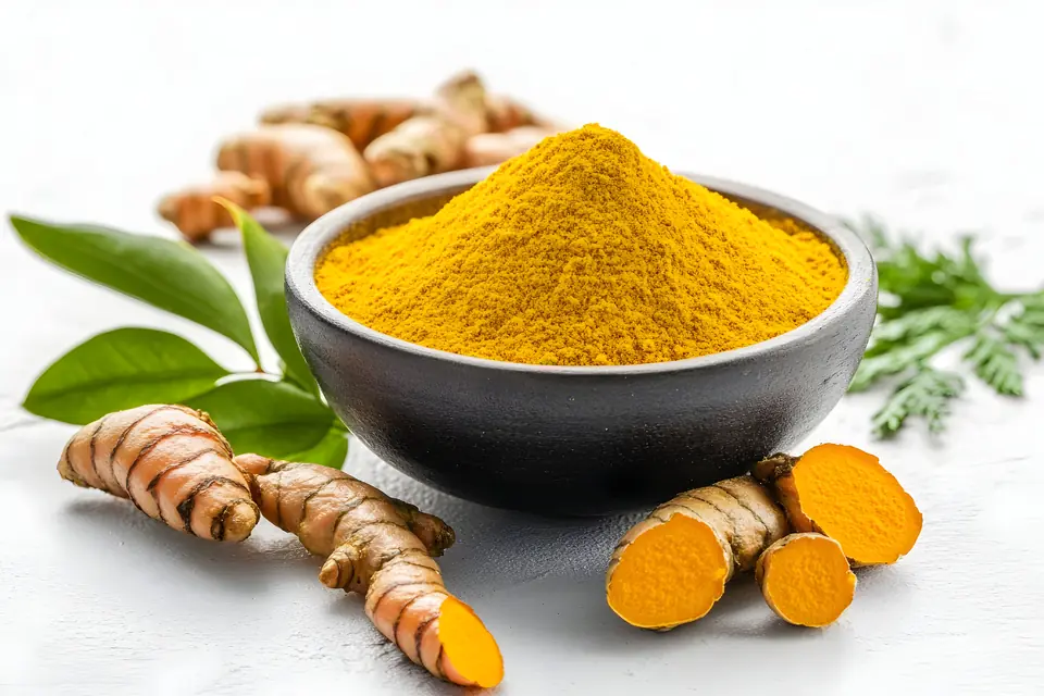 Bowl of export-quality turmeric powder with fresh turmeric roots and leaves