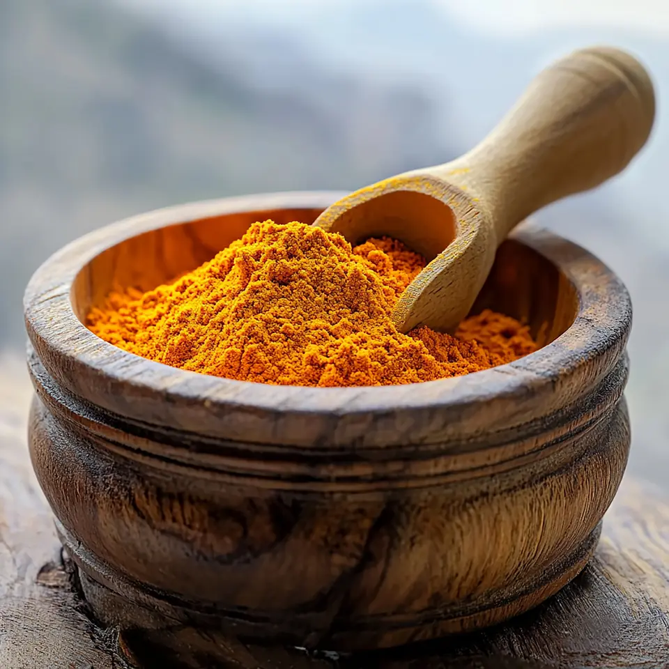 Fine Sangli turmeric powder in a wooden bowl with a wooden scoop